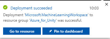 Screenshot of the Deployment succeeded notification, which informs the user that the workspace deployment to the resource group was successful.