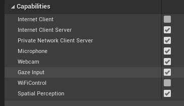 Screenshot of HoloLens project setting capabilities with gaze input highlighted