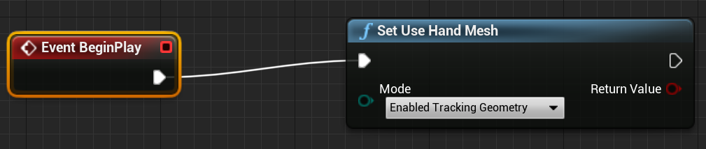 Blueprint of event begin play connected to set use hand mesh function with enabled tracking geometry mode