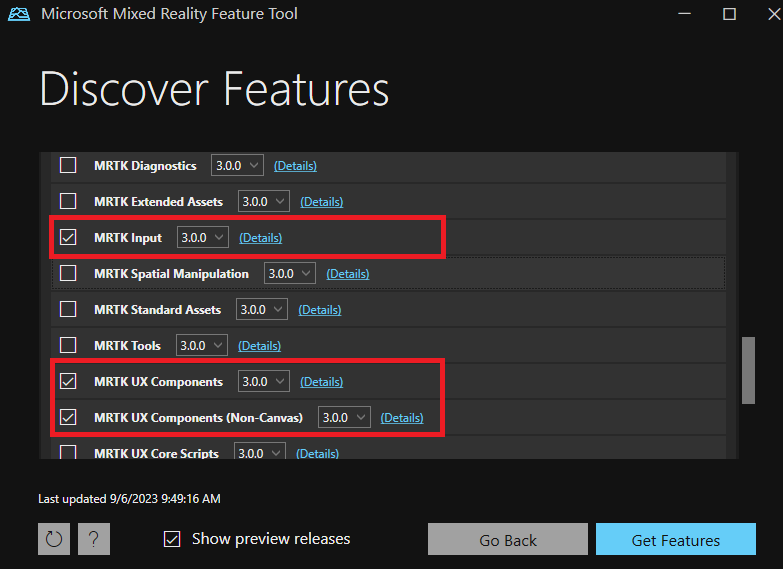 Selecting the default MRTK3 packages in Microsoft's Mixed Reality Feature Tool