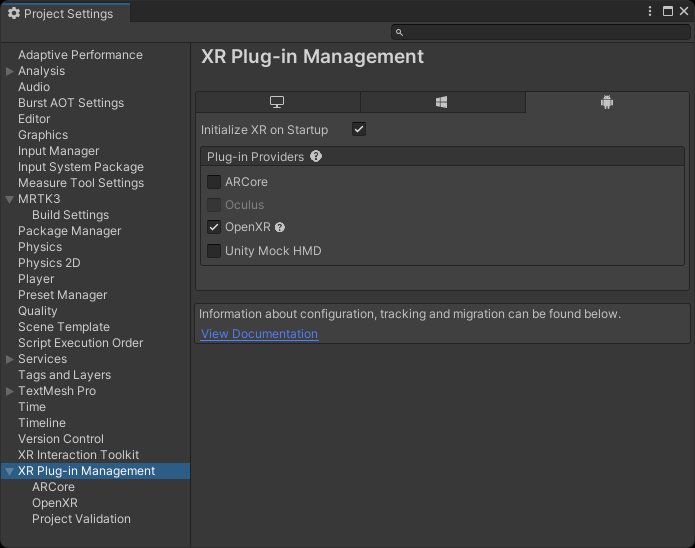 Quest XR Plug-in Management window