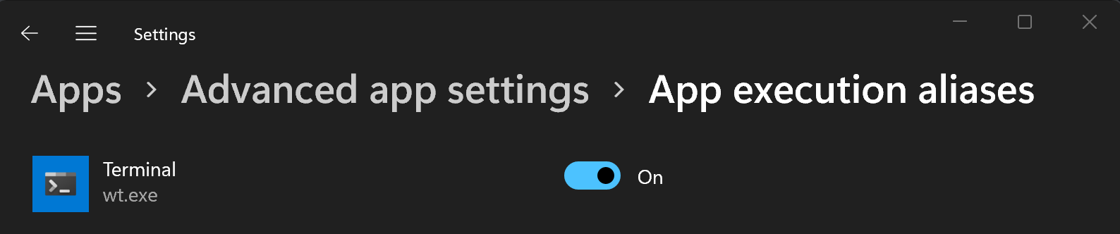 Windows Settings for App Execution Aliases