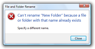 screen shot of message: can't rename new folder