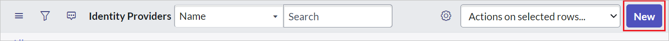 Configure single sign-on Screenshot of Identity Providers dialog box, with New highlighted