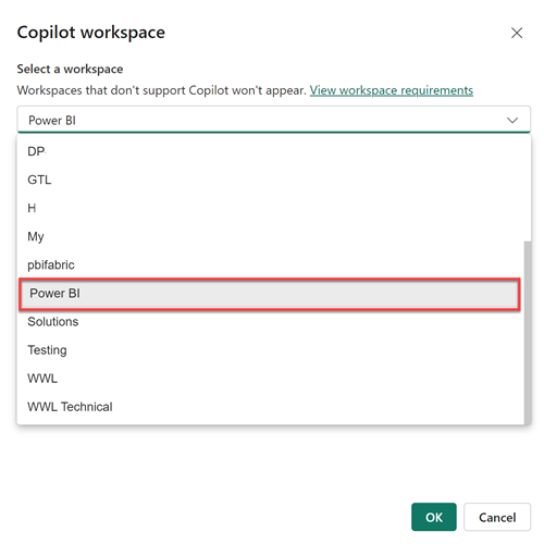 Screenshot of the workspace picker in Power BI Desktop that appears to enable you to select a Copilot supported workspace.