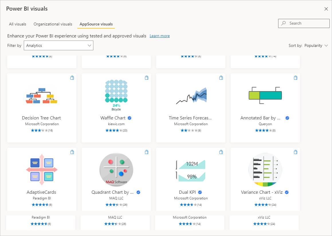 Screenshot showing Power BI visuals available when you select Get more visuals.