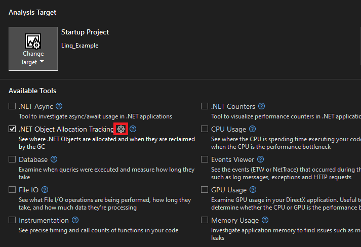 Settings for the Dotnet Allocation tool Screenshot of settings for the Dotnet Allocation tool.