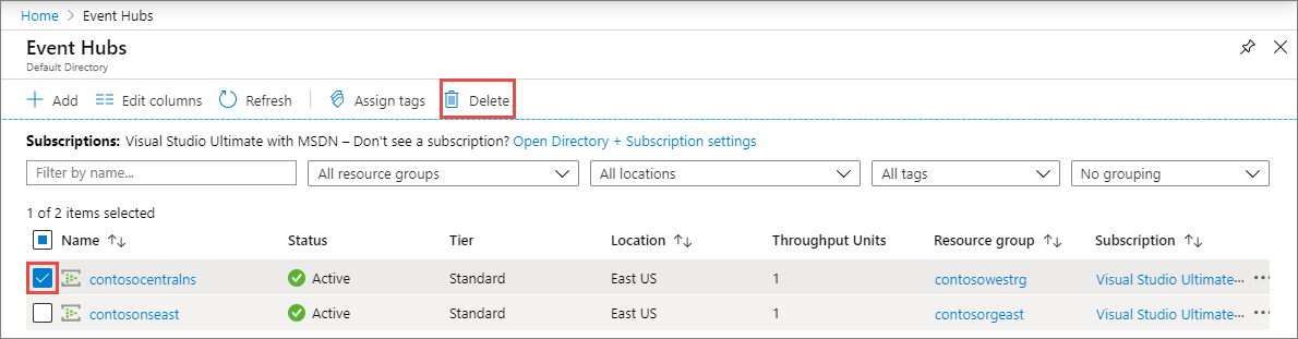 Screenshot showing Delete namespace - button.