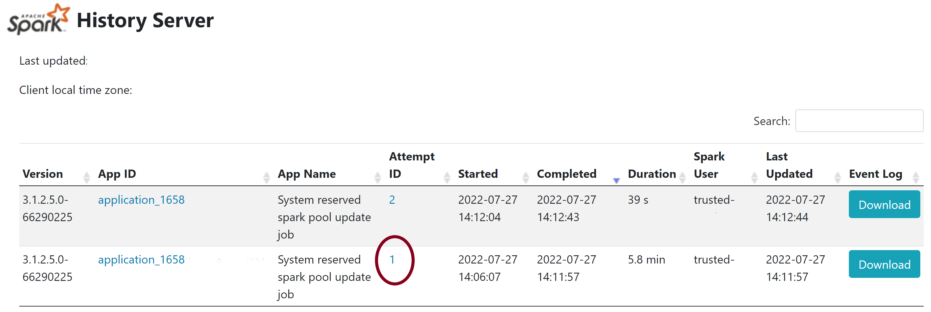 View executor details in spark history server page Screenshot that highlights the executor details in the spark history server page for the failed system reserved library job.