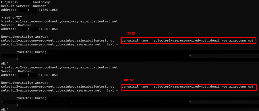 Screen capture of the example results from an nslookup query to read CNAME DKIM records for your custom domain. Results from an nslookup query to read CNAME DKIM records for your custom domain