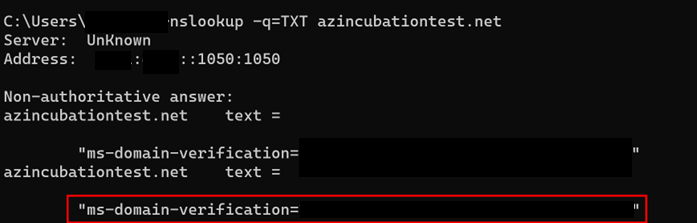 Screen capture of the example results from an nslookup query to read the TXT records for your custom domain. Results from an nslookup query to read the TXT records for your custom domain
