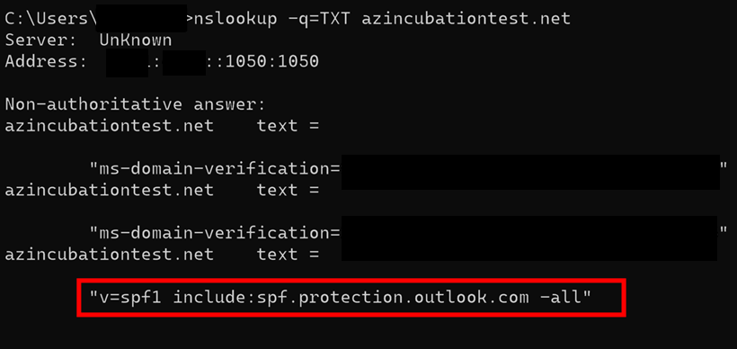 Screen capture of the example results from an nslookup query to read the SPF records for your custom domain. Results from an nslookup query to read the SPF records for your custom domain