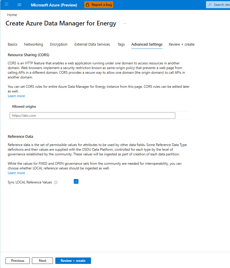 Screenshot of the tab for configuring cross-origin resource sharing in Azure Data Manager for Energy.