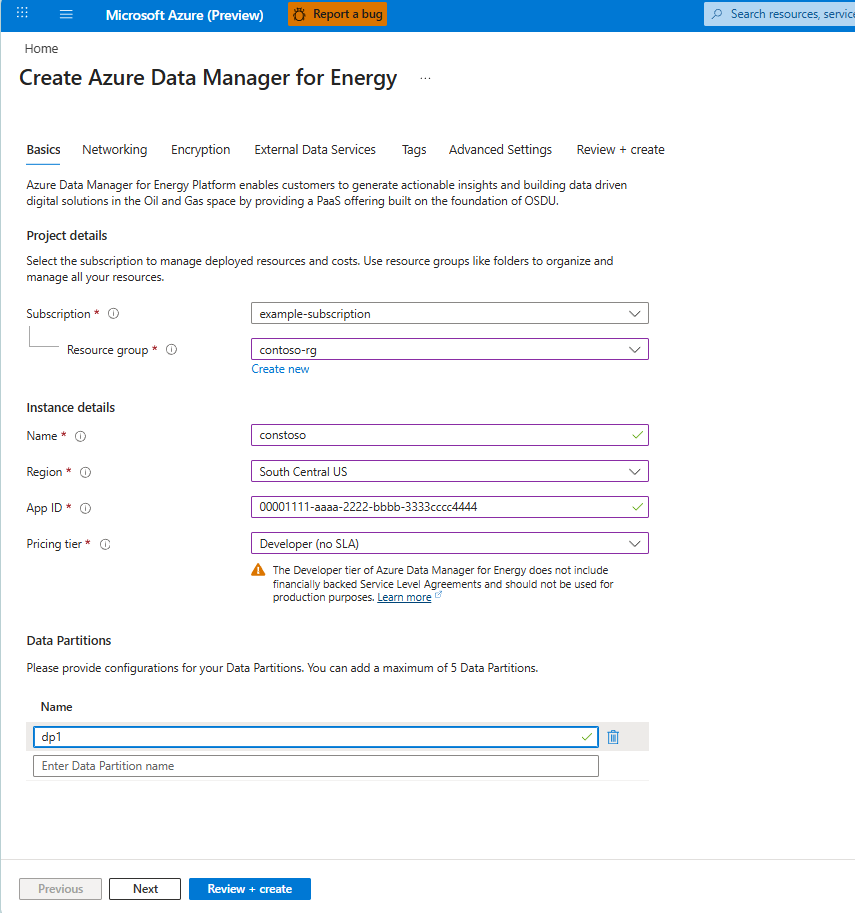 Screenshot of the tab for entering basic details for an Azure Data Manager for Energy instance.