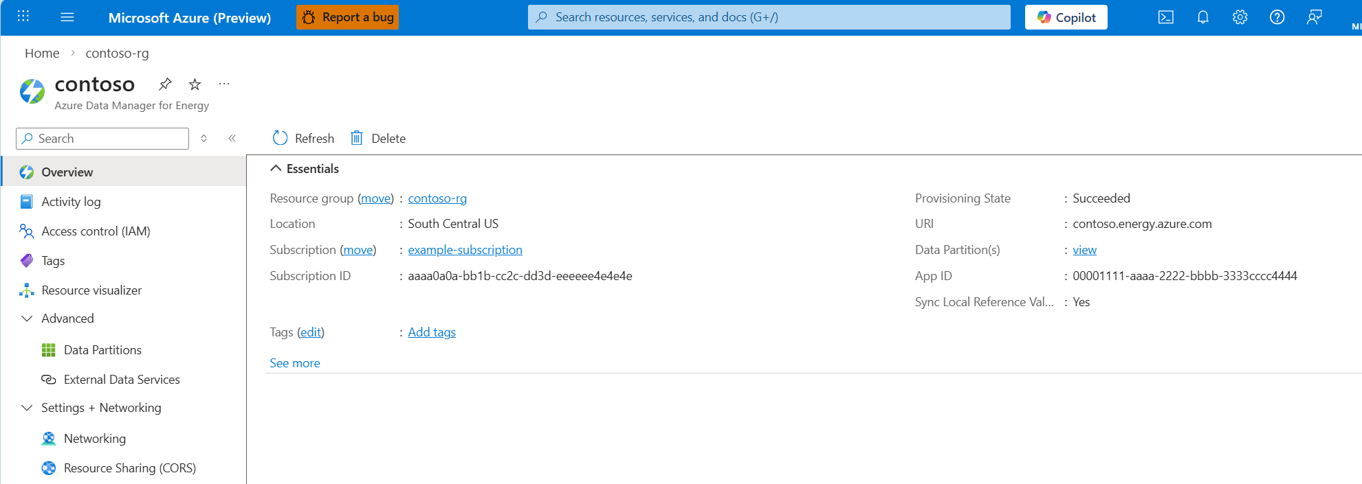 Screenshot of the overview page for an Azure Data Manager for Energy instance.