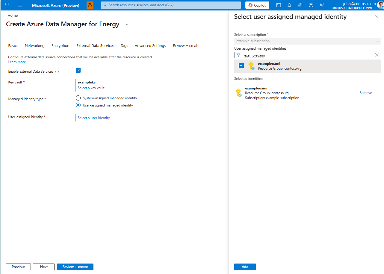 Screenshot of the External Data Services tab with User-assigned managed identity selected and identity flyout open.