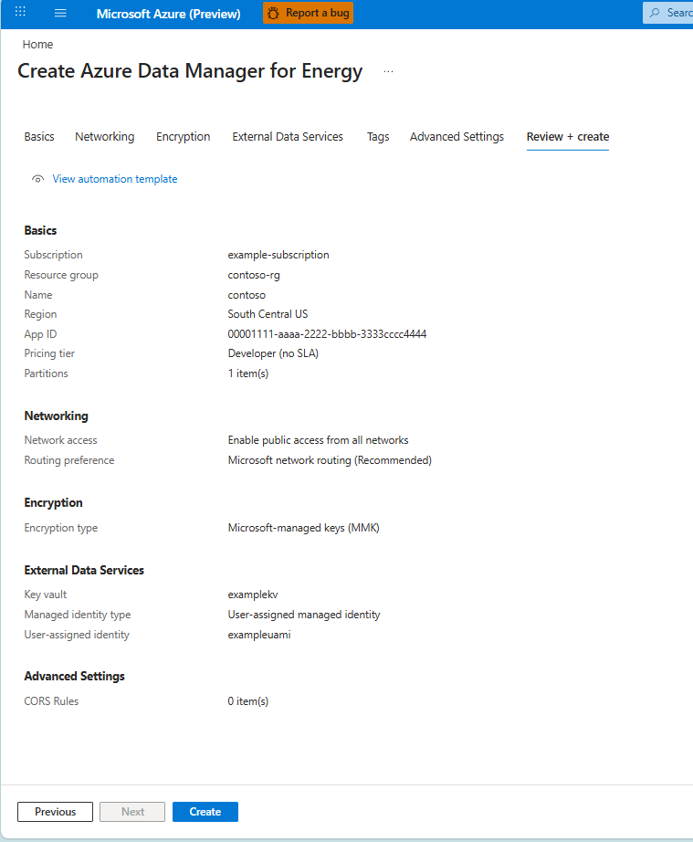 Screenshot of the tab for reviewing details for an Azure Data Manager for Energy instance before creation, including validation results.