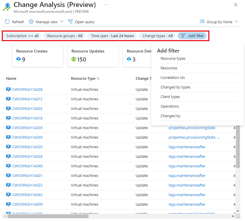 Screenshot of the filters available on the Change Analysis blade that help narrow down the Change Analysis results.