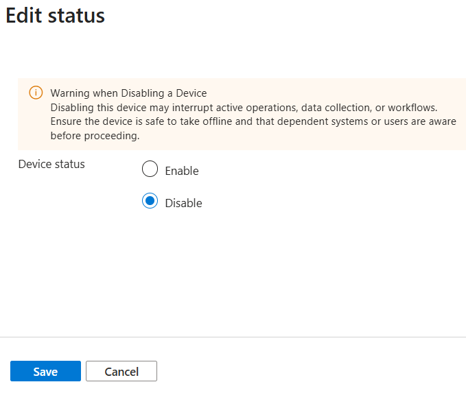Screenshot showing the dialog to disable the device.