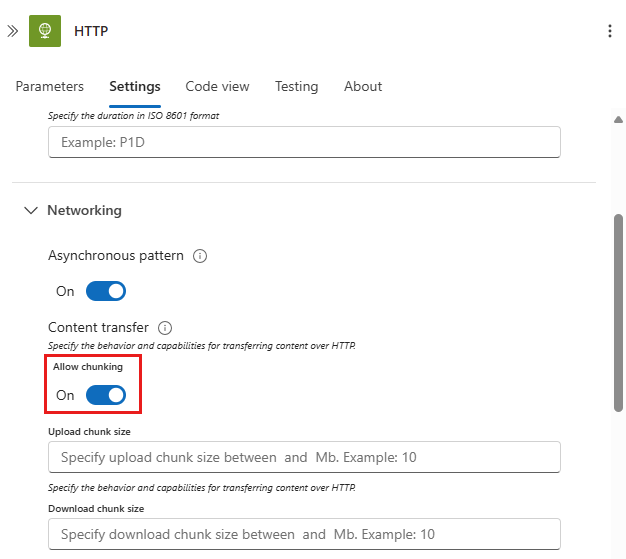Screenshot shows the settings for an HTTP action, with Allow chunking selected. Turn on chunking.