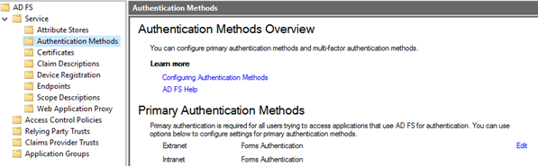 A screenshot that shows the ADFS authentication methods.