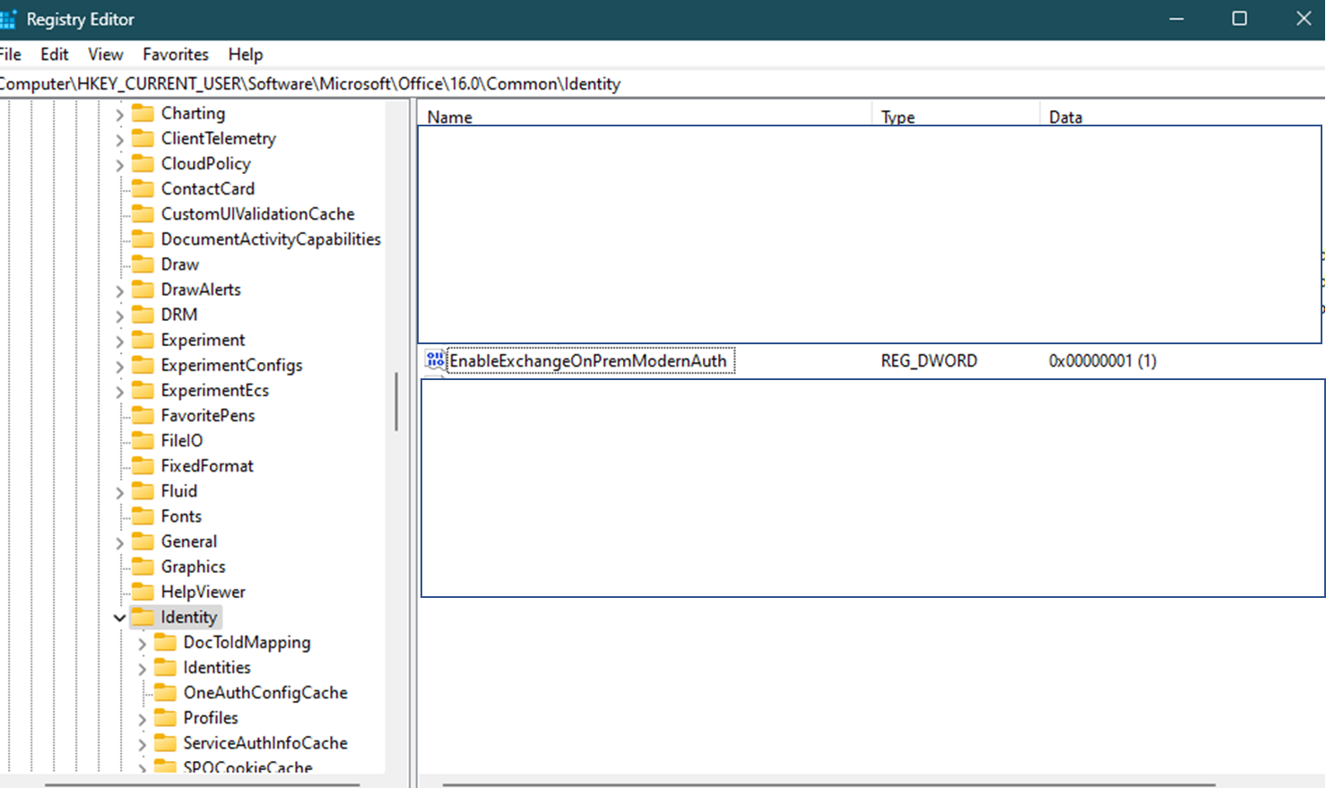 A screenshot that shows the Identity registry key which is located under HKEY_CURRENT_USER\SOFTWARE\Microsoft\Office\16.0\Common.