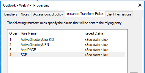 A screenshot that shows the ADFS application settings of an application with the name Outlook. The tab Issuance Transform Rules is selected.
