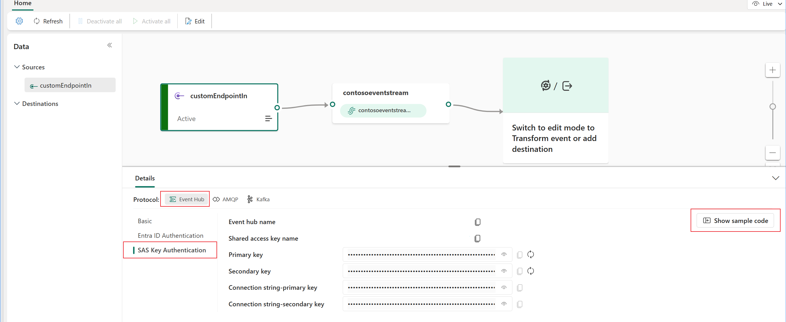 Screenshot that shows the button for showing sample code on the Details pane of the eventstream live view.