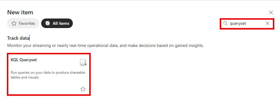 Screenshot of adding a new KQL queryset in the New item box.