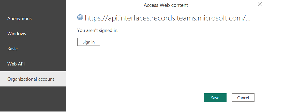 Screenshot showing data source sign in screen