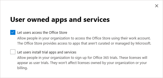 the User owned apps and services page in admin center.