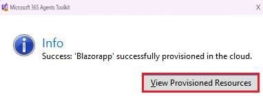Screenshot shows the option to select view provisioned resources in Agents Toolkit info dialog box.