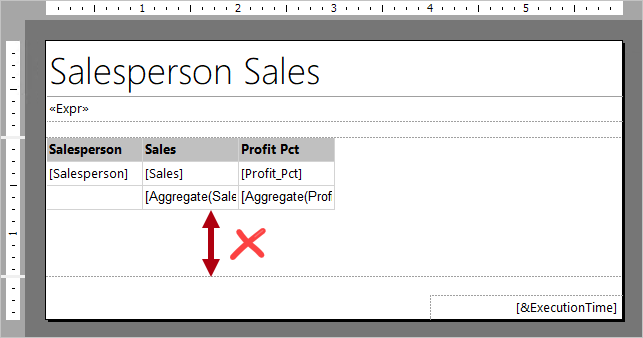 Screenshot shows a report design. The space beneath the tablix data region is highlighted, and marked as unnecessary.