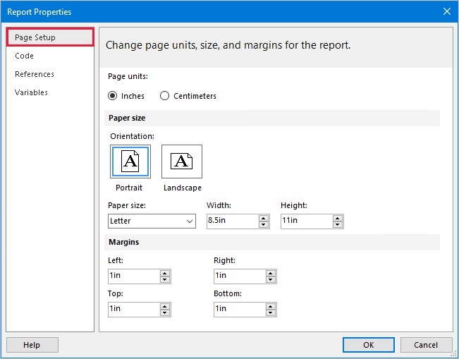 Screenshot shows the Report Properties window, highlighting the Page Setup page.