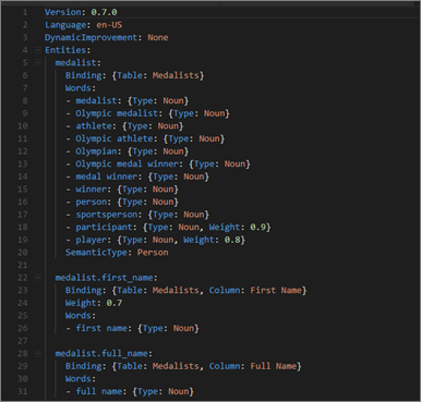 Screenshot of a sample linguistic schema .yaml file.