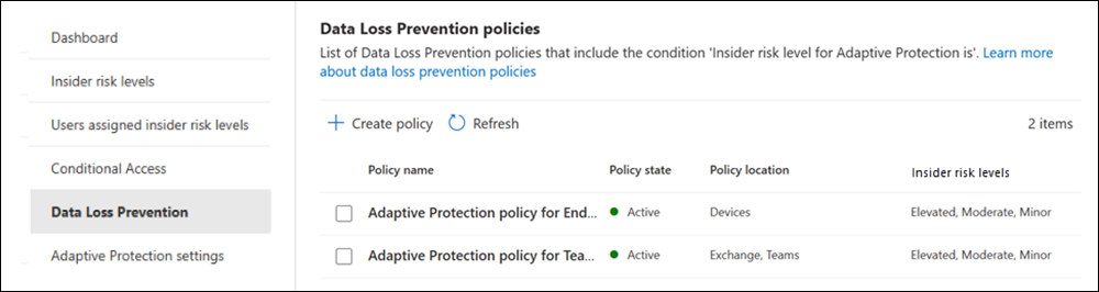 Insider Risk Management Adaptive Protection data loss prevention policies.