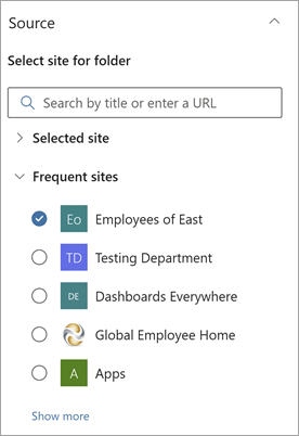 Screenshot of the Folder card properties pane showing source options.