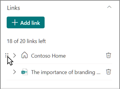 Screenshot of the Quick links properties pane showing where you can manage links.