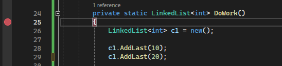 Screenshot that shows how to set a breakpoint in the Visual Studio 2022 debugger.