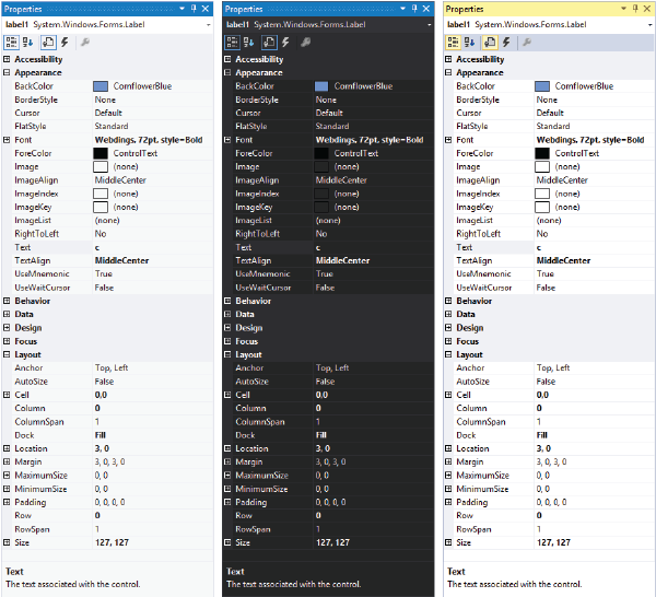 Properties grid in the Light theme Properties grid in Light (left), Dark (center), and Blue (right) themes