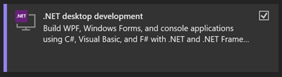 Screenshot that shows the .NET desktop development workload in the Visual Studio Installer.