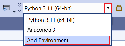 Screenshot that shows the Add Environment command on the Python toolbar.
