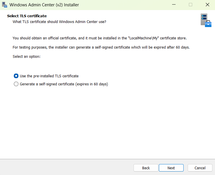 Screenshot of the Select TLS certificate screen.
