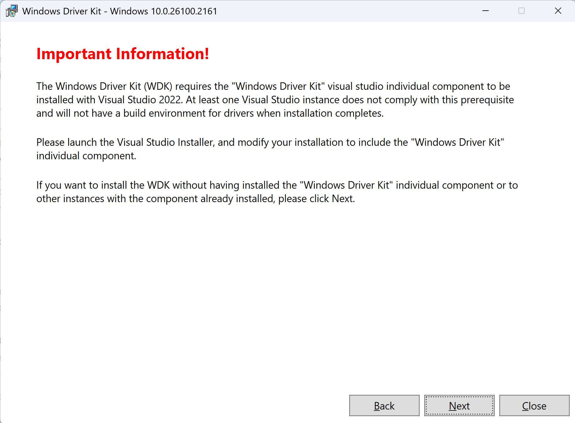 Screenshot of the WDK VSIX install notification.