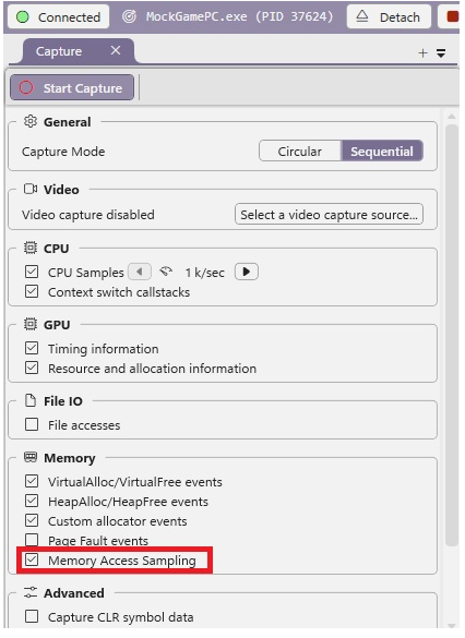 The Memory Access Sampling Timing Capture option