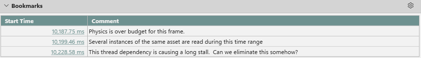 The Bookmarks section of the Summary view