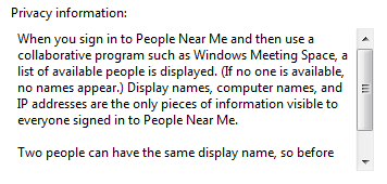 Screen shot of a Privacy information text box