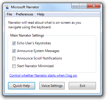 screen shot of 'microsoft narrator' dialog box