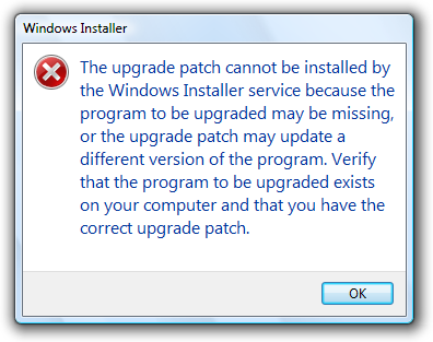 screen shot of message: upgrade can't be installed