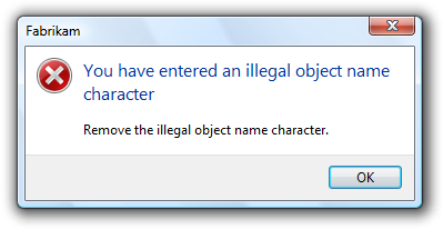 screen shot of message: illegal character